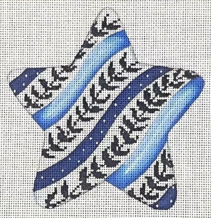 Patti Mann Needlepoint – Blue White Star Diagonal Ribbons Ornament