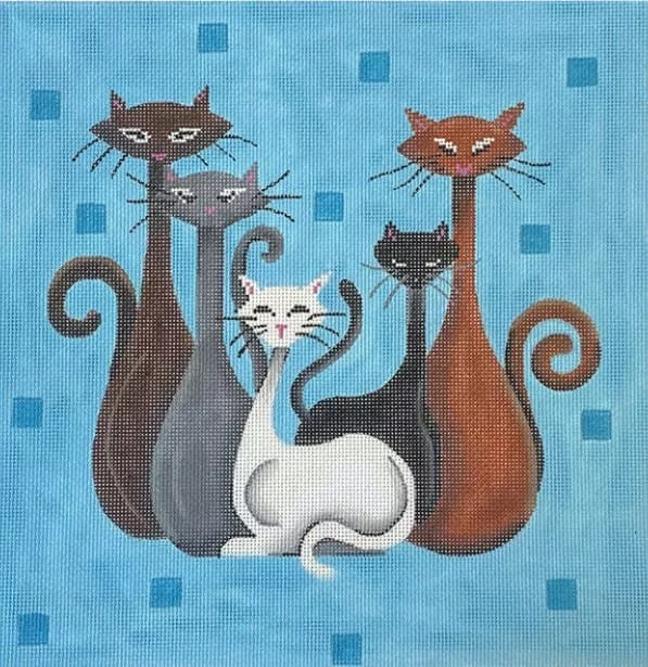 Patti Mann Needlepoint – Cats, retro on Aqua