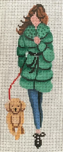 Patti Mann Needlepoint – Dog Walker in Green Coat