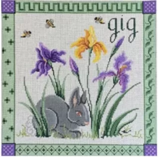 Patti Mann Needlepoint – Gray Bunny Iris Bees and Borders