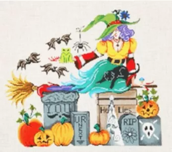 Patti Mann Needlepoint – Halloween Witch in Graveyard
