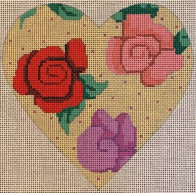 Patti Mann Needlepoint – Pastel Roses Heart Ornament