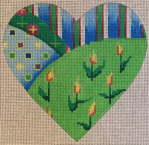 Patti Mann Needlepoint – Patchwork with Yellow Flowers Heart Ornament