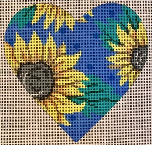 Patti Mann Needlepoint – Sunflower on Blue Heart Ornament