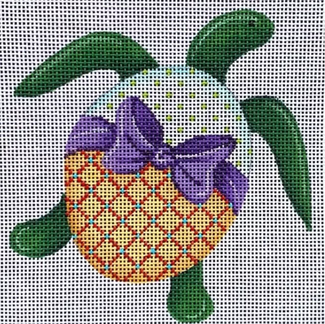 Patti Mann Needlepoint – Turtle with Purple Bow Ornament