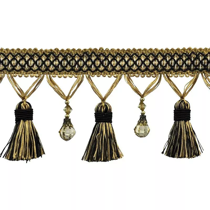 Paulette Collection – 4″ width BEADED TASSEL FRINGE (25 Yard Roll) – BF-4027-02/38 Black and Toffee