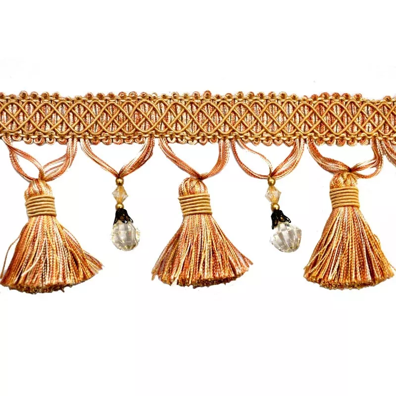 Paulette Collection – 4″ width BEADED TASSEL FRINGE (25 Yard Roll) – BF-4027-61/18 Gold and Ivory