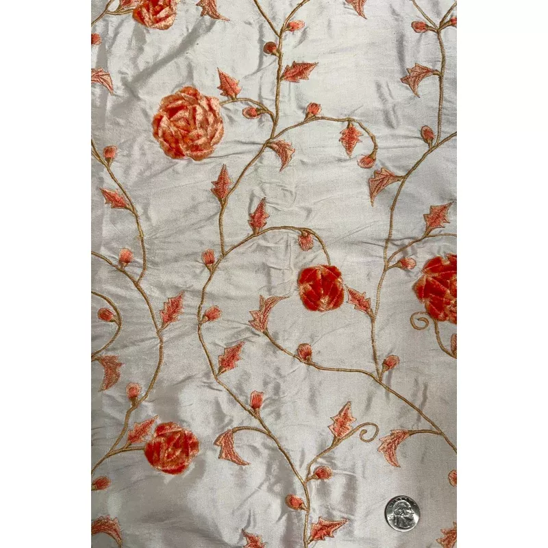 Peach Blush/Coral Embroidered Dupioni Silk