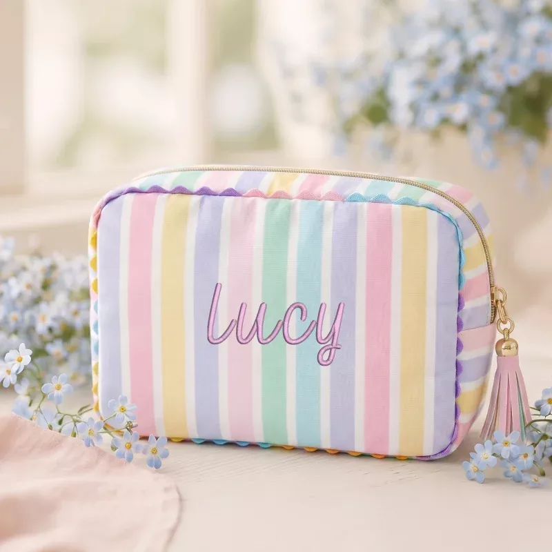 Personalized Pastel Striped Pouch Bag – Customized With Embroidery