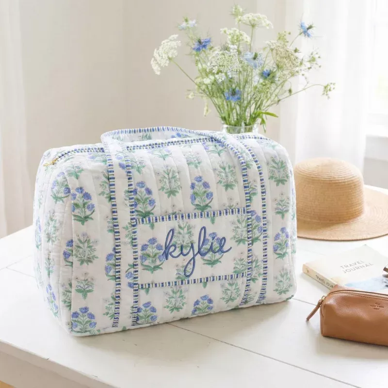 Personalized Quilted Blue Block Print Duffel Bag– Embroidered With Initials