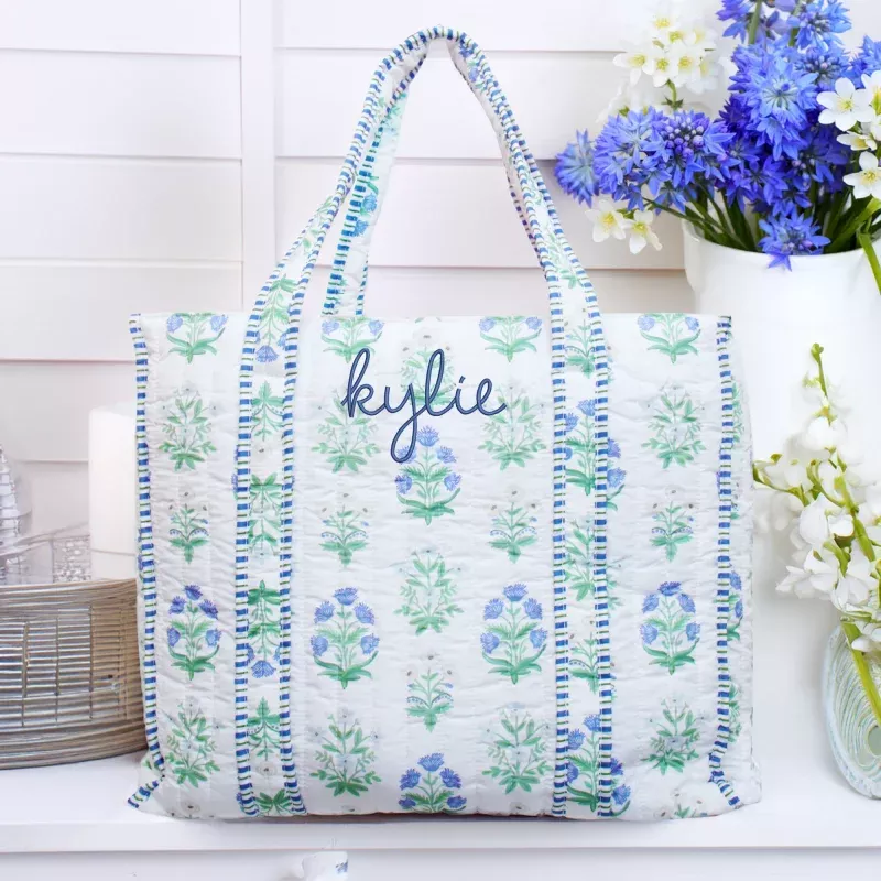 Personalized Quilted Blue Block Print Tote Bag– Embroidered Letters