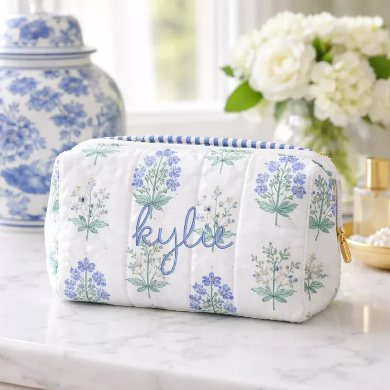 Personalized Quilted Blue Block Print Zipper Pouch– Embroidered Letters