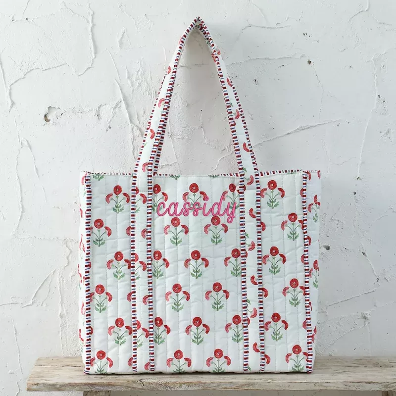 Personalized Quilted Red Block Print Tote Bag– Embroidered Letters