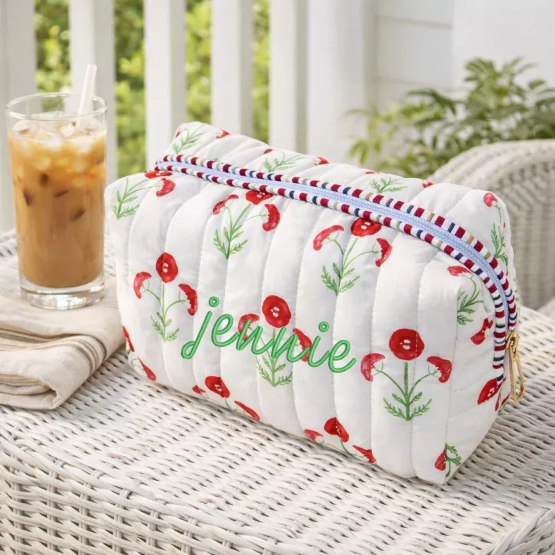 Personalized Quilted Red Block Print Zipper Pouch– Embroidered Letters