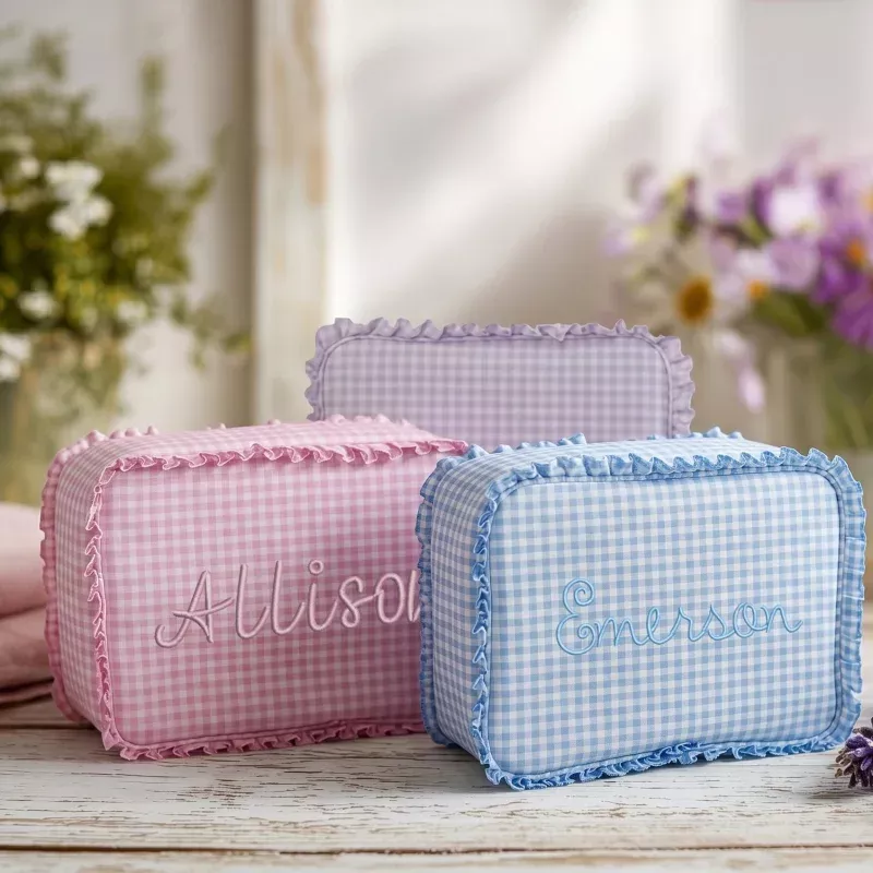 Personalized Ruffle Gingham Pouch with Embroidered Name or Monogram