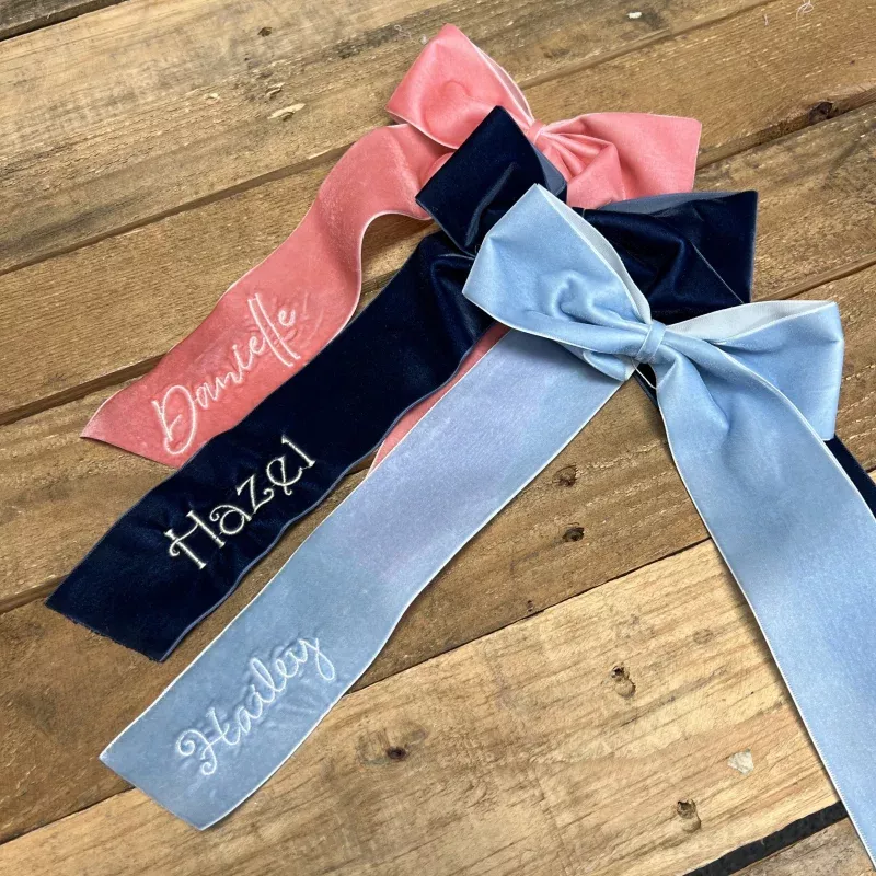 Personalized Velvet Ribbon Bow – Embroidered Name