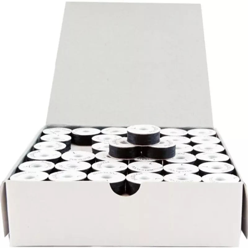 Prewound Embroidery Bobbins – 144 Count Per Box – Black Cardboard Sided – L Style