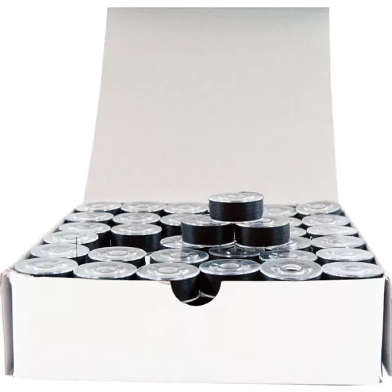 Prewound Embroidery Bobbins – 144 Count Per Box – Black Plastic Sided – L Style
