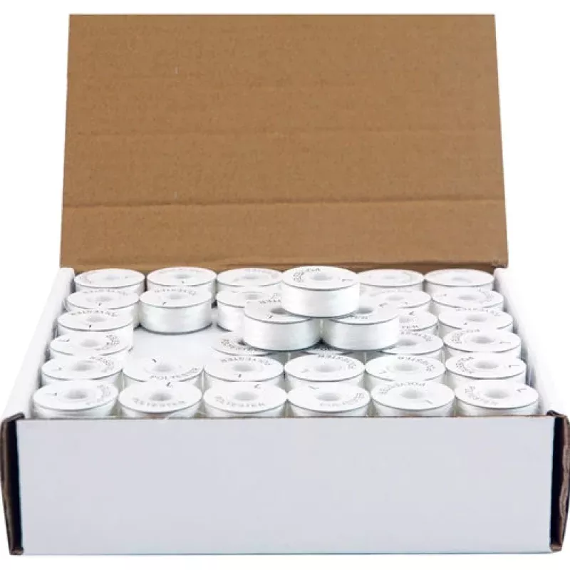 Prewound Embroidery Bobbins – 144 Count Per Box – White Cardboard Sided – L Style