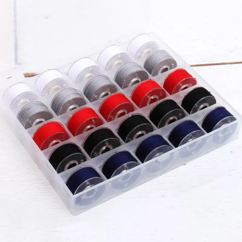 Prewound Sewing Bobbins – 25 Count – 5 Popular Colors – Thread for Sewing Machine With Storage Box