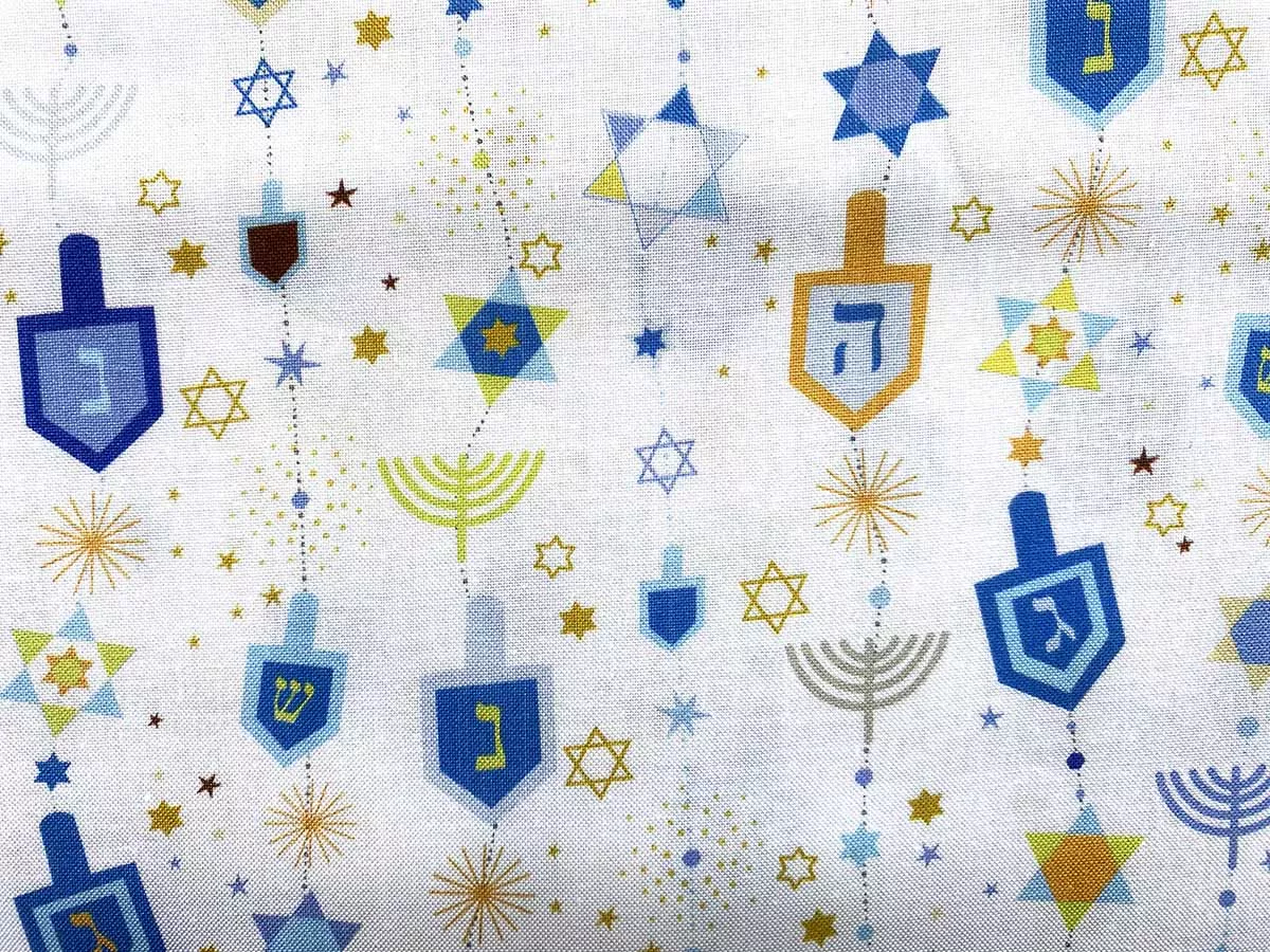 Quilting Cotton Print - Hanukkah Festival Dreidels on White