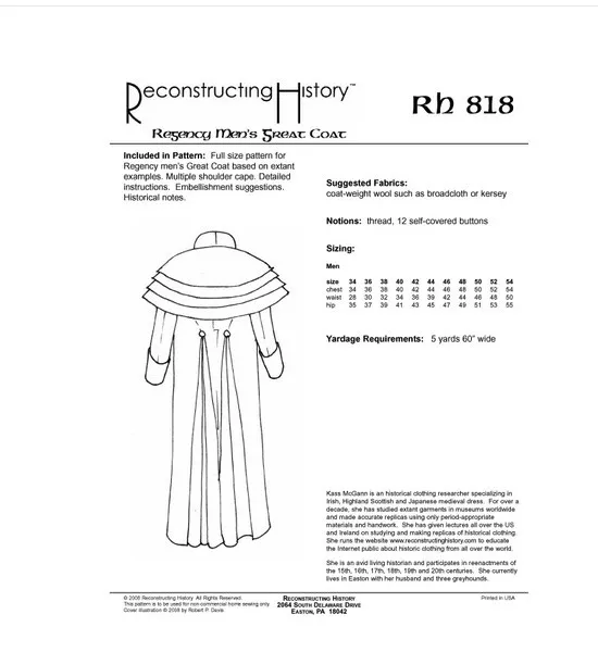 Reconstructing History #RH818Regency Era Men's Great Coat Sewing Pattern