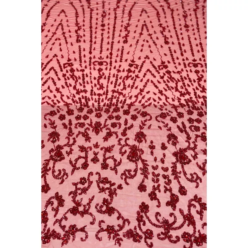 Red Beading on Red Tulle Embroidery