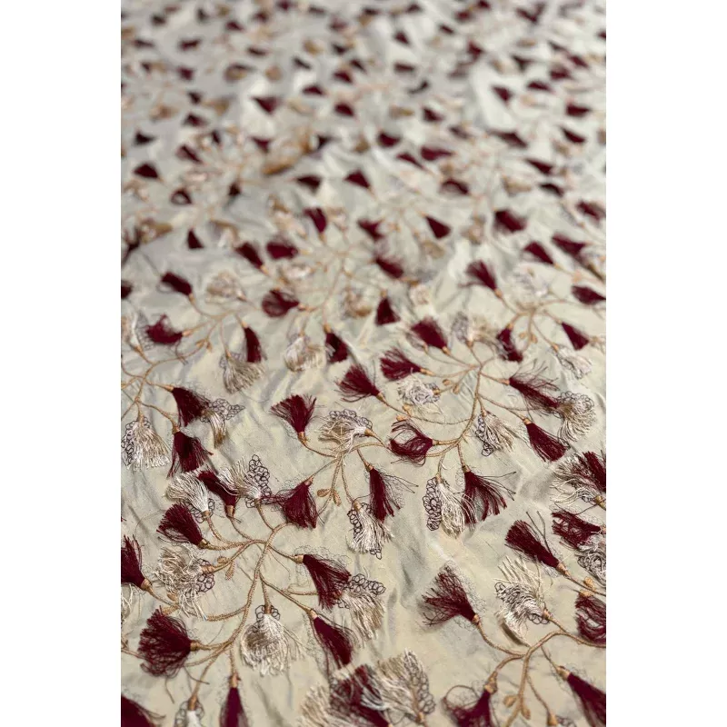 Red/Beige Embroidered Dupioni Silk
