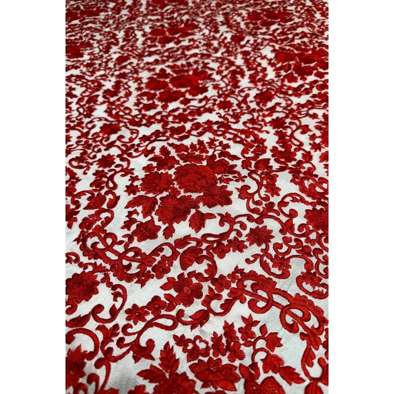 Red Flowers on White Embroidered Silk