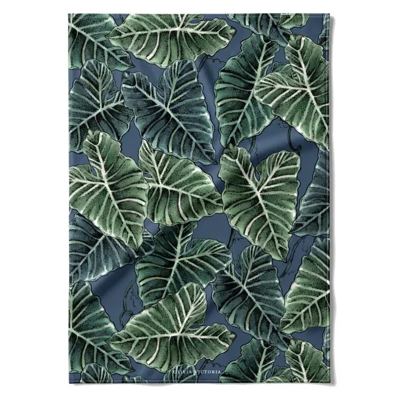Regale Leaf Tea Towel in Midnight Blue