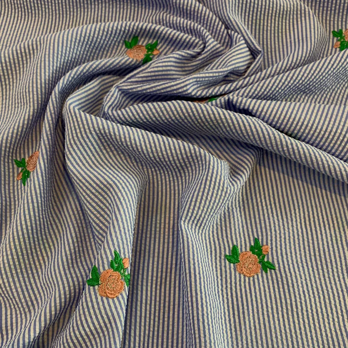 Rose Embroidered Polyester Seersucker Fabric - Light Blue Stripe