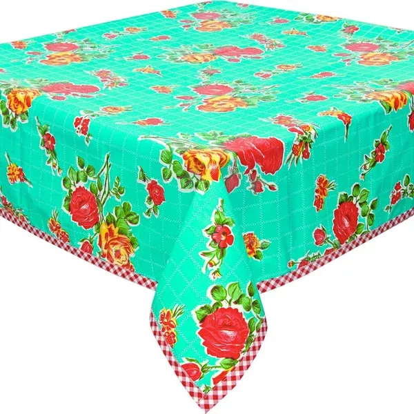 Rose and Grid Aqua Oilcloth Tablecloths