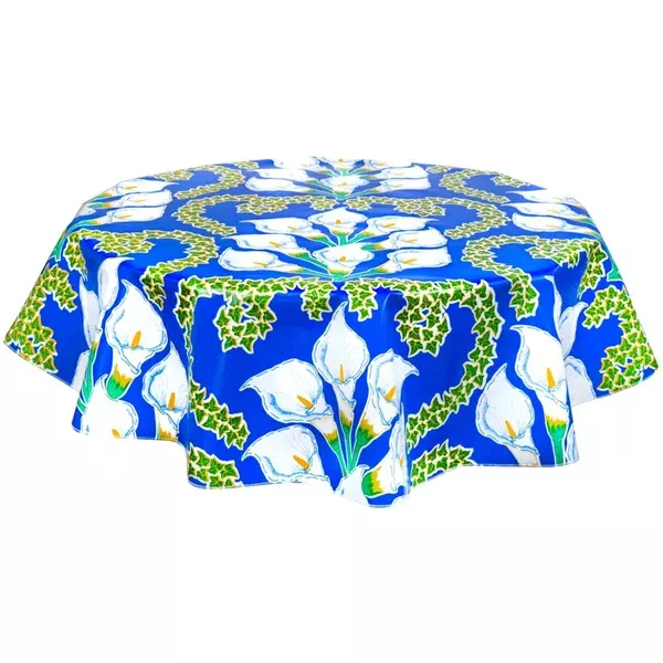 Round Calla Lily Blue Oilcloth Tablecloths