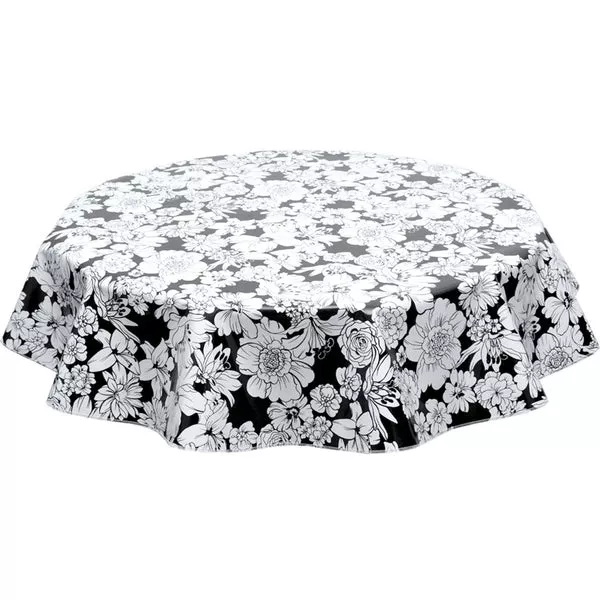 Round Chelsea Flowers on Black Oilcloth Tablecloths