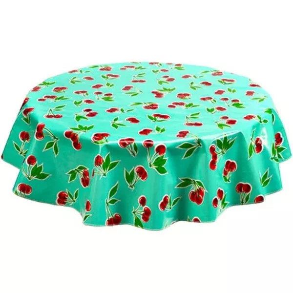 Round Cherry Aqua Oilcloth Tablecloths