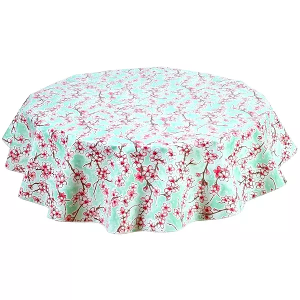 Round Cherry Blossom Aqua Oilcloth Tablecloths