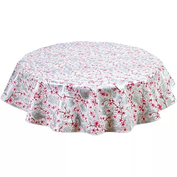 Round Cherry Blossom Silver Oilcloth Tablecloths