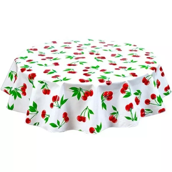 Round Cherry White Oilcloth Tablecloths