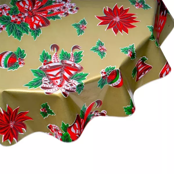 Round Christmas Bells and Bows Gold Oilcloth Tablecloths