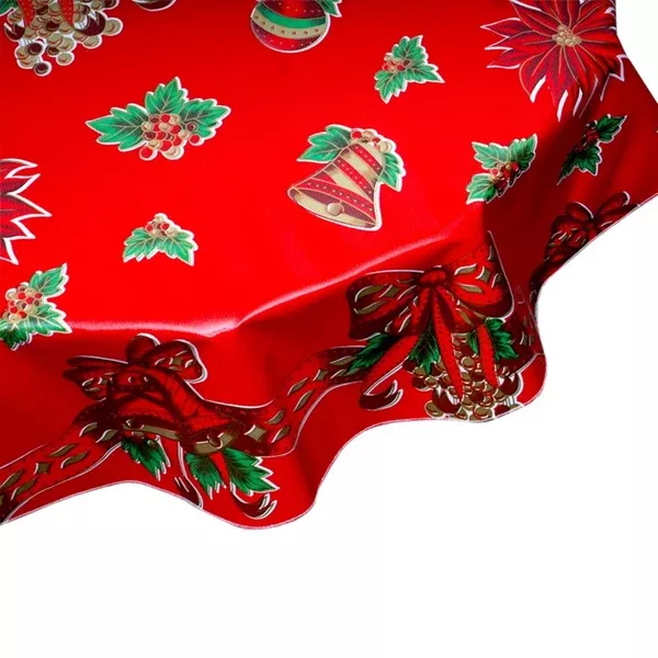 Round Christmas Bells and Bows Red Oilcloth Tablecloths