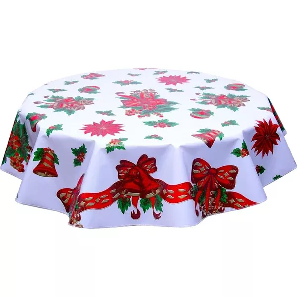 Round Christmas Bells and Bows White Oilcloth Tablecloths