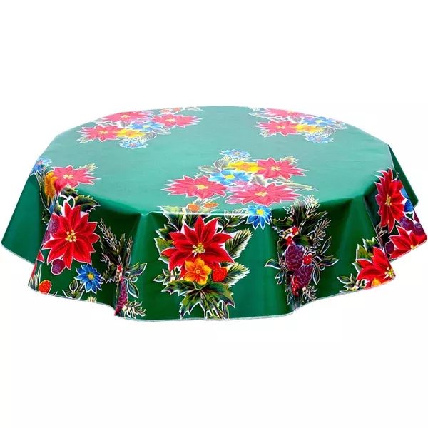 Round Christmas Poinsettia Green Oilcloth Tablecloths