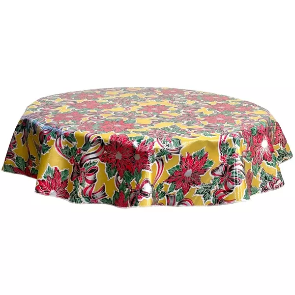 Round Christmas Ribbons and Holly Gold Oilcloth Tablecloths