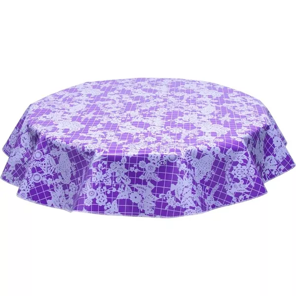 Round Day of the Dead White on Purple Oilcloth Tablecloths