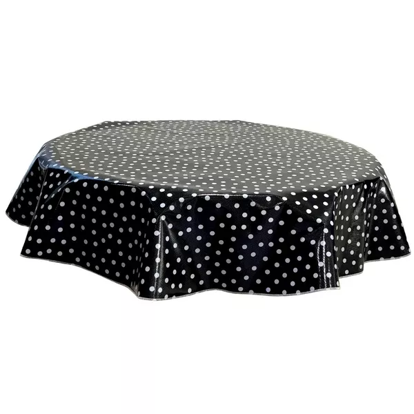 Round Dot White on Black Oilcloth Tablecloths