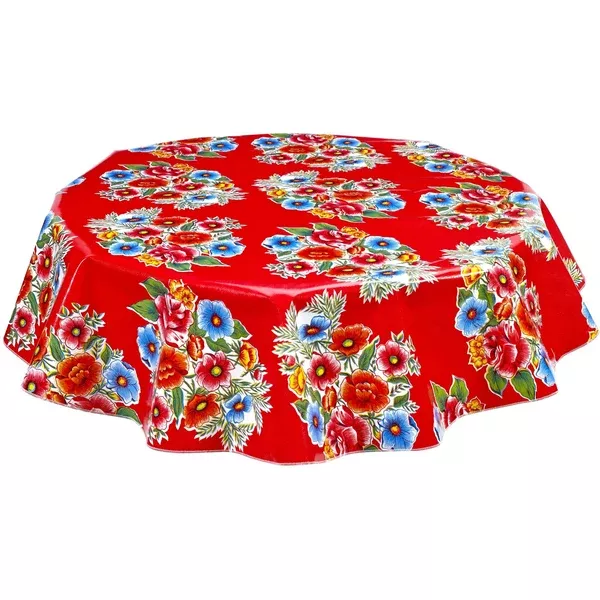 Round Flowers on Red Oilcloth Tablecloths