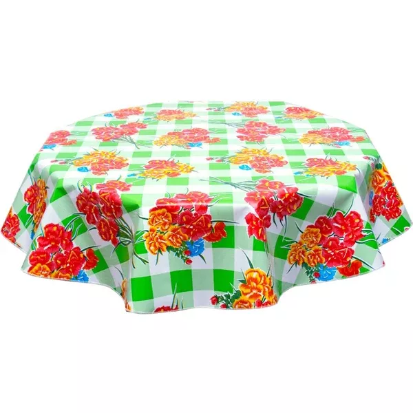 Round Gingham and Flowers Lime Green Oilcloth Tablecloths