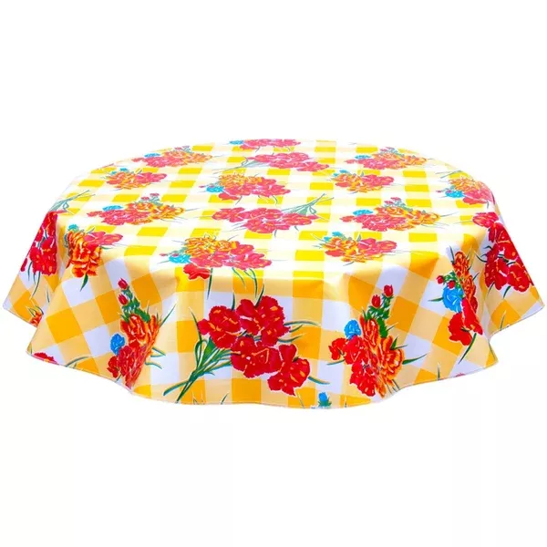 Round Gingham and Flowers Yellow Oilcloth Tablecloths