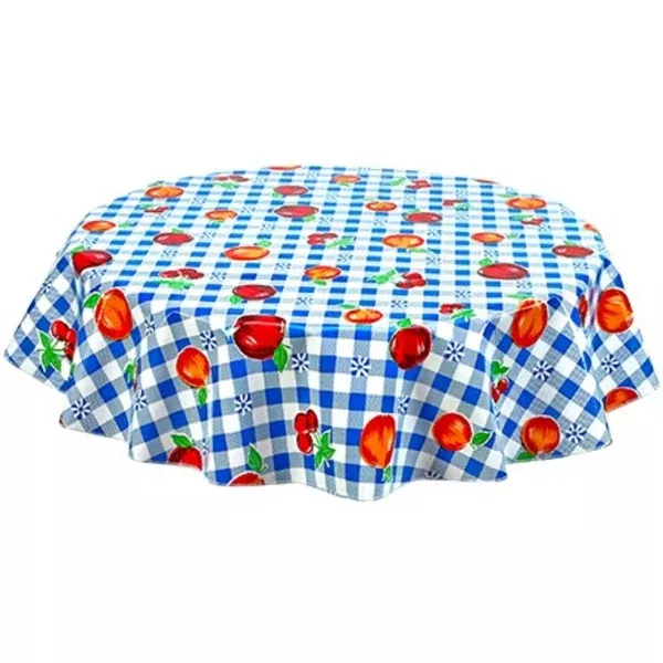 Round Gingham and Fruit Blue Oilcloth Tablecloths