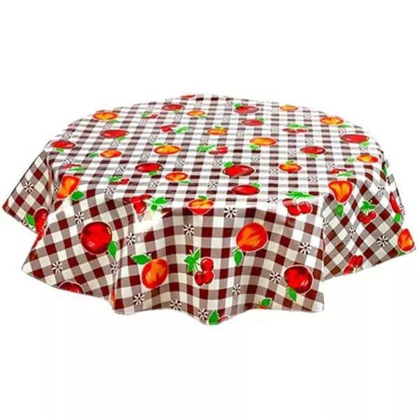 Round Gingham and Fruit Brown Oilcloth Tablecloths